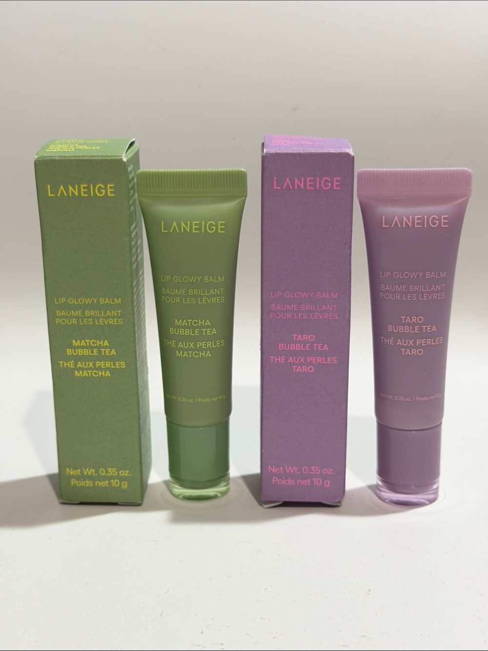 LANEIGE Lip Glowy Balm Bubble Tea Bundle of nTaro + Matcha F/S 0.35 Oz Each NIB!